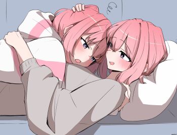 2girls amaori_haruna amaori_renako blush collared_shirt commentary_request grey_sweater headpat highres hood hood_down hoodie hug lying multiple_girls nobunaga_(nbng_g) open_mouth pillow pink_hair purple_eyes shirt siblings sisters squiggle sweater watashi_ga_koibito_ni_nareru_wake_naijan_murimuri! white_hoodie