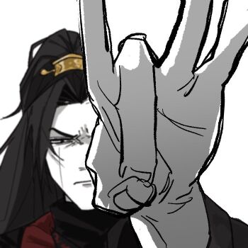 1boy black_coat black_hair black_hanfu chinese_clothes closed_mouth coat damalcb hair_intakes hanfu high_ponytail incoming_forehead_flick jia_qiu_(project_moon) limbus_company long_hair looking_at_viewer ponytail project_moon scar scar_on_face simple_background solo v-shaped_eyebrows very_long_hair white_background