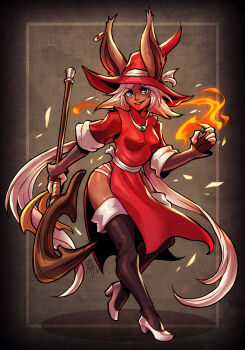 animal_ears boots clawed_gauntlets dark_skin dress earrings final_fantasy final_fantasy_tactics_advance gloves green_eyes hat high_heels highres jewelry long_dress long_hair maksn panty_straps rabbit_ears red_mage_(final_fantasy) smile solo staff thigh_boots thighhighs very_long_hair viera white_hair witch_hat