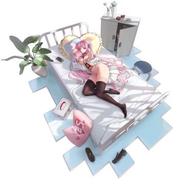 1girl armband ashtray bed bed_sheet black_choker black_shoes black_thighhighs blue_eyes bottomless breast_press breasts cabinet cellphone choker cigarette cigarette_butt cigarette_pack cleavage coat condom condom_box condom_packet_strip condom_wrapper first_aid_kit flower full_body game_asset hair_between_eyes hair_bun hair_ornament hair_spread_out head_on_pillow heart heart-shaped_pillow heart_choker highres hospital_bed hugging_object infirmary lab_coat large_breasts last_origin loafers long_hair long_sleeves lying mel_(dodosae) messy_hair nail_polish naked_coat navel nipples non-web_source official_alternate_costume official_art on_bed on_side one_eye_closed open_clothes open_coat phone pill_bottle pillow pillow_hug pink_flower pink_hair pink_nails pink_rose plant potted_plant pussy red_armband rose safety_pin scarabya_(last_origin) school_nurse self-datamine shoes single_side_bun skindentation smartphone solo stool thick_thighs thighhighs thighs transparent_background unworn_shoes very_long_hair white_coat white_flower yes yes-no_pillow