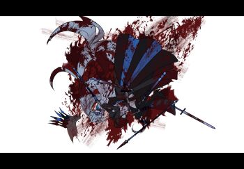 1girl black_dress blood blood_on_clothes blood_splatter closed_eyes commentary_request crown dress fate/grand_order fate_(series) highres julhxh long_hair morgan_le_fay_(fate) morgan_le_fay_(queen_of_winter)_(fate) polearm ponytail simple_background solo spear sword two-tone_dress veil very_long_hair weapon white_background white_hair