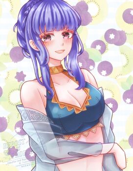 1girl bare_shoulders bikini blue_bikini blue_hair blush braid breasts brown_eyes cleavage collarbone commentary_request crown_braid fire_emblem fire_emblem:_three_houses fire_emblem_heroes highres large_breasts looking_at_viewer marianne_von_edmund marianne_von_edmund_(summer) nintendo official_alternate_costume open_mouth smile solo star_(symbol) stomach swimsuit upper_body yuria0322