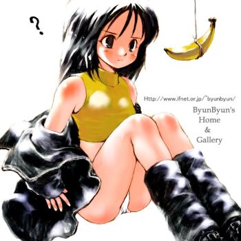 1girl ? ankle_belt artist_name bad_id banana belt belt_buckle black_belt black_boots black_hair black_jacket blue_eyes boots buckle closed_mouth commentary crop_top feet_out_of_frame food fruit hanging_food jacket long_hair looking_at_food off_shoulder open_clothes open_jacket original panties shirt simple_background sitting sleeveless sleeveless_shirt solo string tsuzuki_kazuhiko underwear watermark web_address white_background white_panties yellow_shirt