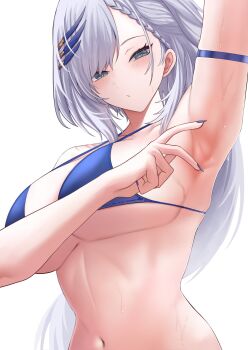 Rule 34 | 1girl, armpits, bikini, blue bikini, blue eyes, blush, breasts, grey hair, highres, hololive, hololive indonesia, large breasts, long hair, navel, pavolia reine, si farid, simple background, solo, swimsuit, upper body, virtual youtuber, white background