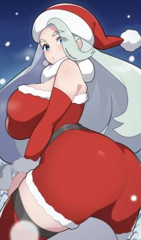 1girl ass bag bare_shoulders blue_eyes breasts commentary_request detached_sleeves dress earrings from_behind fur-trimmed_dress fur-trimmed_sleeves fur_collar fur_trim hat holding holding_bag jewelry large_breasts long_hair long_sleeves mature_female melony_(pokemon) mituyota_76 multicolored_hair nintendo pearl_earrings plump pokemon pokemon_swsh red_dress red_sleeves red_thighhighs santa_costume santa_dress santa_hat snow solo strapless strapless_dress streaked_hair teeth thighhighs