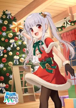 1girl :d absurdres bell belt belt_buckle black_belt black_gloves bow box brown_pantyhose buckle capelet christmas christmas_ornaments christmas_tree curtains dress feet_out_of_frame fur-trimmed_capelet fur-trimmed_dress fur-trimmed_gloves fur_trim gift gift_box gloves green_bow grey_hair highres holding indoors isekai_ni_tobasaretara_papa_ni_nattandaga ladder long_hair official_art open_mouth orurea_(isepapa) outstretched_arm pantyhose red_capelet red_dress red_eyes sable_mint santa_costume smile solo standing star_(symbol) stepladder twintails very_long_hair window wooden_floor