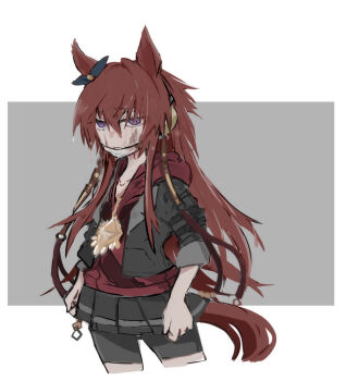 Rule 34 | 1girl, animal ears, beer hsk, black ribbon, bow, brown hair, closed mouth, commentary request, cropped jacket, ear ribbon, grey background, grey jacket, grey skirt, hair between eyes, highres, hood, hood down, hooded jacket, horse ears, horse girl, horse tail, jacket, long hair, long sleeves, mask, mask pull, mouth mask, open clothes, open jacket, orfevre (old design) (umamusume), pleated skirt, purple eyes, red jacket, ribbon, skirt, solo, tail, two-tone background, umamusume, very long hair, white background