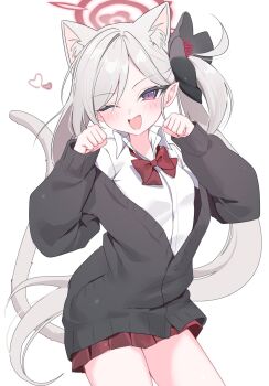 Rule 34 | 1girl, ;d, animal ear fluff, animal ears, black cardigan, blue archive, blush, bow, bowtie, cardigan, cat ears, cat tail, collared shirt, commentary, extra ears, fang, grey hair, hair ornament, halo, heart, highres, kemonomimi mode, long hair, long sleeves, looking at viewer, miniskirt, mutsuki (blue archive), one eye closed, open mouth, paw pose, pleated skirt, purple eyes, red bow, red bowtie, red halo, red skirt, sentouryoku 5, shirt, side ponytail, simple background, skirt, smile, solo, symbol-only commentary, tail, white background, white shirt