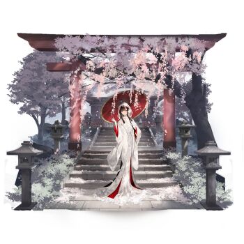 1girl architecture artist_request black_hair check_artist cherry_blossoms dress east_asian_architecture falling_petals fence full_body game_cg girls&#039;_frontline girls&#039;_frontline_neural_cloud gloves guagua0313 highres hood hood_up japanese_clothes kimie_(neural_cloud) kimono official_alternate_costume official_art open_clothes open_kimono petals pink_eyes shrine solo stairs stone_lantern third-party_source torii tree uchikake white_dress white_gloves