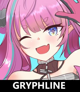 1girl ;d arknights arknights:_endfield bare_shoulders blue_eyes commentary english_commentary fang gloves highres honkai:_star_rail honkai_(series) kelsuis long_hair looking_at_viewer one_eye_closed open_mouth parody pink_hair portrait skin_fang smile solo thick_eyebrows yvonne_(arknights)