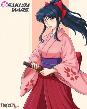 1girl artist_name blue_hair bow breasts brown_eyes hair_ribbon japanese_clothes legs long_hair long_skirt looking_at_viewer medium_breasts parted_lips pink_lips ponytail red_bow ribbon sakura_taisen sega shinguuji_sakura skirt smile solo sword teeth thighs weapon