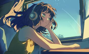 1girl absurdres bare_shoulders breasts brown_hair cross-shaped_pupils earphones green_eyes highres leaning_on_table long_hair looking_at_screen monitor original sitting sky small_breasts solo star_(sky) starry_sky symbol-shaped_pupils upper_body window zaijian_l