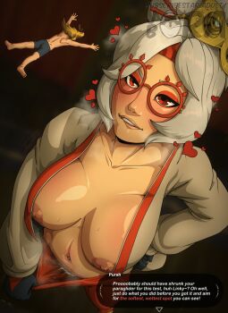 1boy 1girl biting_own_lip blush breasts breasts_out eyeshadow female_focus glasses gloves hand_on_own_hip heart highres jora-bora large_breasts link makeup medium_hair mini_person navel nintendo no_bra pubic_hair purah red_eyes steaming_body sweat the_legend_of_zelda the_legend_of_zelda:_tears_of_the_kingdom upper_body white_hair