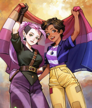 2girls adelheid_(moschiola) amity_blight belt bisexual_female bisexual_flag breasts brown_belt brown_eyes brown_gloves brown_hair commentary dark-skinned_female dark_skin ear_piercing earrings eyebrow_cut flag gloves highres holding holding_flag jar jewelry lesbian_flag luz_noceda medium_breasts multiple_girls necklace open_mouth paint pants patchwork_clothes pendant piercing pink_hair ponytail purple_eyes purple_pants shirt smile striped_clothes striped_shirt the_owl_house triangle_earrings undercut yellow_eyes yellow_pants