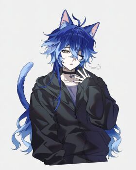 1boy absurdres ahoge animal_ears black_choker black_jacket blue_eyes cat cat_ears cat_tail choker crossed_bangs flins_(genshin_impact) genshin_impact highres jacket long_hair male_focus one_eye_closed rio_(rio773) solo solo_focus tail white_background