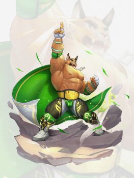 1boy abs animal_ears arms_up bara belt brown_eyes bulge cape championship_belt clenched_hand commentary crave_saga english_commentary falling_leaves fangs fingerless_gloves furry furry_male gloves highres kusu_(x_kusunagi_x) leaf looking_at_viewer male_focus muscular muscular_male nipples open_mouth panther_boy panther_ears pectorals pointing pointing_up sergio_(crave_saga) topless_male white_background white_gloves wrestler