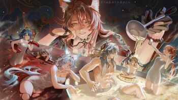 +_+ 3boys 4girls abs absurdres animal_ear_fluff animal_ear_piercing animal_ears arm_up artist_name bare_arms bare_shoulders black_gloves blonde_hair blunt_bangs bracelet breasts brown_hair cellphone chewing chinese_clothes cleavage closed_eyes closed_mouth collarbone commentary cooking_pot crossed_legs cup ear_piercing earrings eating elbow_rest english_commentary feixiao_(honkai:_star_rail) flat_chest floating floating_hair food forehead_jewel from_side giant giantess giving_up_the_ghost gloves green_eyes grey_hair guinaifen_(honkai:_star_rail) hair_between_eyes hair_floating_upwards hair_ornament hair_over_one_eye hand_up hands_up head_rest head_tilt headpiece high_ponytail highres holding holding_cup holding_food holding_phone holding_spoon honkai:_star_rail honkai_(series) indoors jacket jewelry jiaoqiu_(honkai:_star_rail) jing_yuan knees_up large_breasts leaning_back leaning_forward leaning_to_the_side light_smile liquid long_hair looking_at_object looking_at_viewer looking_down looking_up low_twintails lying mini_person multiple_boys multiple_girls muscular muscular_male naked_towel nervous_sweating no_pupils on_side open_mouth orange_hair oversized_food oversized_object own_hands_together oyakorodesu parted_bangs parted_lips phone piercing pink_hair pink_lips ponytail red_jacket red_ribbon ribbon ripples shirt short_sleeves single_earring sitting smartphone smile spoken_sparkle spoon standing standing_on_liquid steam steaming_food surprised sushang_(honkai:_star_rail) sweat tearing_up teeth thick_thighs thighs towel twintails upper_teeth_only v watermark white_hair white_shirt yanqing_(honkai:_star_rail) yellow_eyes yunli_(honkai:_star_rail)