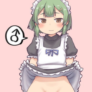 1boy aaaa_(quad-a) apron brown_eyes closed_mouth clothes_lift crossdressing crossdressing_(mtf) dress dress_lift gloves green_hair hair_ornament highres lifting_own_clothes looking_at_viewer maid maid_headdress male_focus male_maid mars_symbol original out-of-frame_censoring pink_background puffy_short_sleeves puffy_sleeves short_sleeves shota simple_background solo speech_bubble spoken_mars_symbol trap upper_body white_apron white_gloves