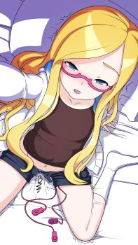 Rule 34 | 1girl, absurdres, arm support, bed sheet, blonde hair, blsh (blshwrks), blue eyes, blue panties, blue shorts, blush, bow, bow panties, brown shirt, collarbone, controller, female focus, female masturbation, flat chest, from above, gelbooru, gelbooru-tan, glasses, groin, half-closed eyes, highres, hood, hoodie, jacket, leaning back, long hair, looking at viewer, looking up, masturbation, midriff, navel, nose blush, on bed, open clothes, open fly, open jacket, open mouth, panties, panty peek, pillow, pink-framed eyewear, remote control, remote control vibrator, selfie, semi-rimless eyewear, sex toy, shirt, short shorts, shorts, sitting, socks, solo, teeth, thighs, trembling, underwear, very long hair, vibrator, vibrator cord, vibrator under clothes, wariza, white jacket, white socks