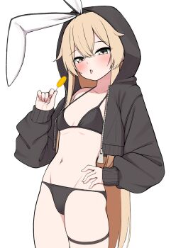 1girl absurdres alternate_costume bikini black_bikini black_jacket blonde_hair blue_eyes breasts candy commentary commentary_request cowboy_shot food hair_ribbon hairband hand_on_own_hip highres hood hood_up hooded_jacket hoodie jacket kantai_collection lollipop long_hair navel open_clothes ribbon shimakaze_(kancolle) simple_background skindentation small_breasts smile solo striped_clothes striped_thighhighs sway_back swimsuit symbol-only_commentary thighhighs tiemu_(man190) tongue tongue_out white_background white_hairband yellow_eyes