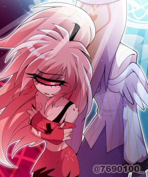 1boy 1girl absurdres angel_wings arms_at_sides back-to-back backlighting bare_shoulders black_nails black_pants blue_background body_freckles bra_strap breasts cherri_bomb cleavage collarbone colored_sclera colored_skin commentary cowboy_shot crossed_arms cyclops fingerless_gloves freckles from_above frown furrowed_brow gloves half-closed_eye halftone halftone_background hazbin_hotel hellaverse high_ponytail highres jacket light_particles long_hair looking_at_viewer medium_breasts menattou midriff miniskirt multicolored_jacket nail_polish off-shoulder_shirt off_shoulder one-eyed open_mouth outline pants pink_eyes pink_hair ponytail purple_background red_gloves red_sclera red_shirt red_skirt sharp_teeth shirt short_sleeves shoulder_freckles simple_background sir_pentious sir_pentious_(angel) skirt standing striped_clothes striped_jacket symbol-only_commentary teeth torn_clothes torn_skirt twitter_username two-tone_jacket upper_teeth_only vertical-striped_clothes vertical-striped_jacket very_long_hair white_jacket white_outline white_skin white_wings wings yellow_jacket