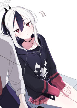 1boy 1girl absurdres black_choker black_hair black_hoodie black_shirt blue_archive blush bright_pupils choker collarbone commentary_request cowboy_shot demon_girl demon_horns double-parted_bangs dutch_angle earphones grey_hair grey_halo hair_between_eyes halo hands_on_own_thighs highres hood hood_down hoodie horns kayoko_(blue_archive) kisaka light_smile long_sleeves looking_at_another miniskirt mole mole_on_collarbone motion_lines multicolored_hair necktie plaid_clothes plaid_skirt pleated_skirt ponytail red_eyes red_necktie red_skirt sensei_(blue_archive) shared_earphones shirt simple_background sitting skirt slit_pupils solo_focus tsurime two-tone_hair upturned_eyes v_arms white_background white_pupils white_skirt