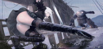 1girl 2b_(nier:automata) artist_name ass back_cutout backless_dress backless_outfit black_boots black_dress black_gloves black_hairband black_thighhighs blindfold boots breasts brown_thighhighs closed_mouth clothing_cutout cloud cloudy_sky covered_eyes derivative_work dress female_focus from_behind gloves hair_over_eyes hairband high_heel_boots high_heels highres holding holding_sword holding_weapon juliet_sleeves katana legs_apart lips long_sleeves machinery nier:automata nier_(series) nose outdoors panties pantyshot photo-referenced pod_(nier:automata) puddle puffy_sleeves rain real_life_insert reference_photo reference_work ribbed_dress robot short_dress short_hair skirt sky solo sparks squatting sword thigh_boots thighhighs underwear upskirt vambraces water weapon white_hair white_panties xi_ti