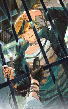 1boy bags_under_eyes black_gloves black_shirt blindfold blindfold_lift blonde_hair blue_eyes chain chain_around_arm chinese_commentary collar collarbone cuffs ear_piercing earrings evil_smile gloves green_jacket hair_between_eyes handcuffs heterochromia highres holding holding_bars holding_chain indoors iron_bars jacket jewelry lapels long_sleeves looking_at_viewer love_and_producer male_focus notched_lapels open_clothes open_jacket parted_lips piercing pov pov_hands prison prison_clothes recording_audio screen security_camera shirt short_hair smile solo striped_clothes striped_shirt torn_clothes torn_shirt upper_body voice_recorder watermark weibo_watermark white_shirt xiandao1213 yellow_eyes zhou_quiluo