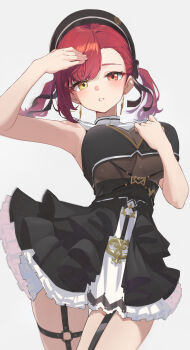 Rule 34 | 1girl, armpits, beret, black hat, black ribbon, black skirt, black tube top, blush, breasts, frilled skirt, frills, hair ribbon, hat, heterochromia, highres, hololive, houshou marine, houshou marine (ahoy!! you're all pirates), large breasts, layered skirt, leotard, leotard under clothes, looking at viewer, o-ring, o-ring strap, o-ring thigh strap, red hair, reulem, ribbon, see-through clothes, see-through leotard, simple background, skirt, solo, strapless, thigh strap, tube top, twintails, virtual youtuber, white background, white coif, yellow eyes