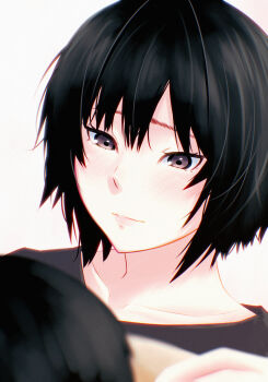 1girl 1other absurdres amagami black_eyes black_hair black_shirt closed_mouth collarbone commentary foreshortening highres light_blush nanasaki_ai oshizu portrait shirt short_hair solo_focus