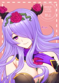 1girl armor breasts camilla_(fire_emblem) camilla_(resplendent)_(fire_emblem) cleavage closed_mouth fake_horns fire_emblem fire_emblem_fates fire_emblem_heroes flower gloves hair_over_one_eye highres horns large_breasts long_hair looking_at_viewer nintendo official_alternate_costume plant purple_eyes purple_gloves purple_hair smile solo sylphy_fe thorns upper_body vines wavy_hair