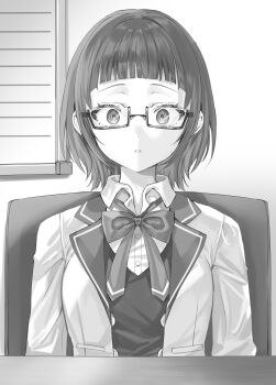 1girl absurdres blazer blunt_bangs bow bowtie buttons collared_shirt commentary_request desk double-breasted glasses greyscale highres jacket looking_at_viewer momoko_(momopoco) monochrome novel_illustration official_art parted_lips school_uniform second-party_source seiren_academy_school_uniform semi-rimless_eyewear shirt short_hair sitting solo straight-on taniyama_sayaka tokidoki_bosotto_roshia-go_de_dereru_tonari_no_alya-san under-rim_eyewear