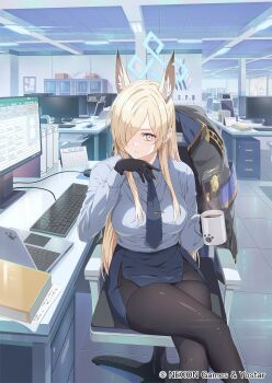 1girl animal_ears black_gloves black_pantyhose blonde_hair blue_archive blue_eyes blue_shirt blue_skirt box breasts chair computer_keyboard desk dog_ears gloves hair_over_one_eye highres kanna_(blue_archive) large_breasts looking_at_viewer looking_back monitor narumi_nanami notebook official_art pantyhose shirt sitting skirt solo twitter