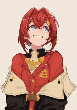 Rule 34 | 1girl, ange katrina, ange katrina (1st costume), black jacket, blue eyes, cardigan, commentary, crossed bangs, grin, hair between eyes, hair intakes, hair ornament, highres, jacket, jacket partially removed, looking up, nijisanji, off shoulder, red cardigan, red hair, short hair, simple background, smile, solo, toastitos, triangle hair ornament, upper body, virtual youtuber