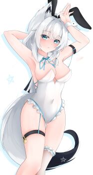 Rule 34 | 1girl, absurdres, ahoge, animal ear fluff, animal ears, arm strap, armpits, arms up, blue bow, blue bowtie, blue ribbon, blush, bow, bowtie, braid, breasts, commentary request, covered navel, detached collar, fake animal ears, fox ears, fox girl, fox tail, frilled leotard, frills, green eyes, hair between eyes, highres, hololive, large breasts, leotard, long hair, looking at viewer, pentagram, playboy bunny, rabbit ears, ribbon, shirakami fubuki, sidelocks, simple background, single braid, solo, st-147, tail, thigh strap, virtual youtuber, white background, white hair, white leotard, wrist cuffs