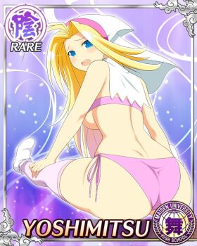 1girl :o antenna_hair ass ass_focus bikini blonde_hair blue_eyes bonnet border breasts card_(medium) character_name collar from_behind game_cg hair_intakes hand_on_own_leg high_heels large_breasts long_hair looking_at_viewer looking_back official_art parted_bangs pink_bikini pink_thighhighs senran_kagura senran_kagura_new_wave sitting solo stretching swimsuit thighhighs underboob white_bonnet white_collar yoshimitsu_(senran_kagura)