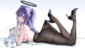 1girl absurdres arched_back ass bikini black_bikini black_pantyhose blue_archive blue_eyes closed_mouth doodle_sensei_(blue_archive) feet_up full_body hair_behind_ear hair_ornament halo high-waist_pantyhose high_heels highres lace_pantyhose_hooked_on_heel_(meme) legs long_hair looking_at_viewer lying mechanical_halo meme on_stomach pantyhose purple_hair sakanafish sensei_(blue_archive) shadow swimsuit the_pose thighs toy triangle_hair_ornament twintails white_background yuuka_(blue_archive)