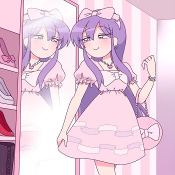 1girl bead_bracelet bead_necklace beads black_boots blush boots bow bow_earrings bracelet dress earrings ezaki_bisuko hair_between_eyes hair_bow high_heels jewelry long_hair looking_at_mirror menhera-chan_(ezaki_bisuko) mirror necklace pink_boots pink_bow pink_dress pink_theme puffy_short_sleeves puffy_sleeves purple_hair red_boots reflection short_sleeves sidelocks smile solo striped vertical_stripes white_boots yume_kawaii yumekawa-chan_(ezaki_bisuko)