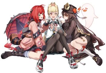 3girls @_@ absurdres alice_thymefield animal_ears black_boots black_hat black_pantyhose black_shoes black_skirt boo_tao_(genshin_impact) boots braid brown_hair cardigan flower-shaped_pupils genshin_impact ghost green_eyes green_skirt grey_background hair_between_eyes hair_ornament hat heterochromia highres hu_tao_(genshin_impact) kamanosuke_(zenless_zone_zero) knee_boots kneehighs long_hair long_sleeves looking_at_another low_twintails mihoyo multiple_girls panties pantyhose pink_cardigan rabbit_ears rabbit_girl red_eyes red_hair shirt shoes simple_background sitting skirt socks striped_clothes striped_socks symbol-shaped_pupils twintails ukinami_yuzuha umbrella underwear very_long_hair white_shirt white_socks yellow_eyes yutoriko_(candy0905) zenless_zone_zero