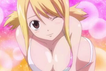 1girl animated animated_gif bikini blonde_hair bouncing_breasts breasts cleavage fairy_tail large_breasts lucy_heartfilia smile swimsuit wink