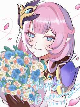 1girl black_gloves blue_eyes bouquet commentary elysia_(honkai_impact) elysia_(miss_pink_elf)_(honkai_impact) falling_petals flower gloves hair_ornament happy_birthday holding holding_bouquet honkai_(series) honkai_impact_3rd looking_at_viewer petals pink_hair simple_background smile solo white_background x_mlt8