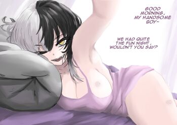 1girl absurdres armpits black_hair breasts english_text fang highres hololive hololive_english indoors multicolored_hair on_bed one_eye_closed open_mouth pov schmuff shiori_novella sideboob two-tone_hair virtual_youtuber white_hair yellow_eyes