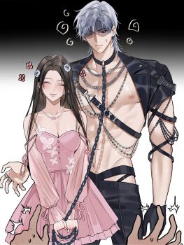 1boy 1girl annoyed black_gloves blush breasts brown_hair chain chain_leash cleavage closed_eyes closed_mouth collar commentary cropped_jacket dress english_commentary gloves gradient_background highres holding holding_chain jacket jewelry leash long_hair long_sleeves looking_at_viewer love_and_deepspace male_chest muscular muscular_male necklace nipples open_clothes open_jacket pink_dress pnk_crow protagonist_(love_and_deepspace) red_eyes ring see-through_clothes see-through_sleeves short_hair simple_background smile sylus_(love_and_deepspace) white_hair