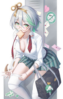 1girl absurdres adjusting_clothes adjusting_legwear almonxtea alternate_breast_size_(larger) bag bread bread_slice breasts cecilia_immergreen cleavage colored_inner_hair commentary doll_joints food food_in_mouth green_eyes grey_hair highres hololive hololive_english joints locker looking_at_viewer mouth_hold multicolored_hair necktie otomo_(cecilia_immergreen) partially_unbuttoned pleated_skirt round_eyewear school_bag shirt skirt small_breasts thighhighs toast toast_in_mouth virtual_youtuber white_shirt white_thighhighs winding_key