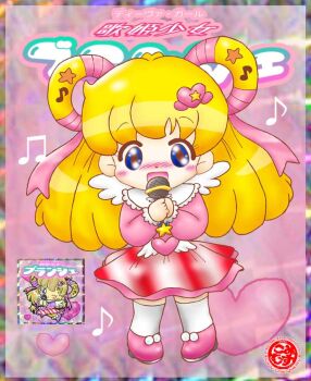 1girl angel_wings bikkuriman_(style) blonde_hair blue_eyes blush diva_girl_blanche_(misukomu_plus) fortissimo hair_ornament hair_ribbon hair_rings heart heart_background heart_hair_ornament holding holding_microphone idol long_hair long_sleeves looking_at_viewer microphone misukomu_plus music musical_note musical_note_hair_ornament one_eye_closed open_mouth original pink_background pink_ribbon pink_shirt red_shoes red_skirt ribbon shirt shoes singing skirt smile standing star_(symbol) star_hair_ornament sticker thighhighs white_thighhighs wings wink