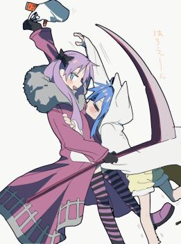 2girls ahoge animal_hood bag black_gloves blue_eyes blue_hair blush candy closed_eyes coat food fur-trimmed_hood fur_trim gloves green_eyes hair_tie halloween highres hiiragi_kagami holding holding_above_head holding_bag holding_scythe hood hood_up hoodie izumi_konata konokawa leggings long_hair looking_at_another lucky_star mole mole_under_eye multicolored_leggings multiple_girls open_mouth purple_hair reaching red_coat scythe shopping_bag shorts simple_background striped_leggings trench_coat white_background white_hood white_hoodie yellow_shorts