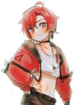 1boy absurdres ahoge amain_dudu choker commentary cropped_shirt fang hair_between_eyes hand_on_own_hip highres holostars holostars_english jacket long_sleeves looking_at_viewer machina_x_flayon male_focus navel red_hair red_jacket short_hair side_part skin_fang smile solo symbol-only_commentary upper_body virtual_youtuber white_background
