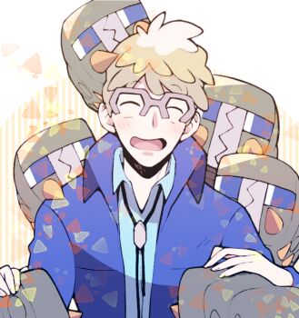 1boy aqua_shirt blonde_hair blue_eyes blue_jacket blush bolo_tie charjabug closed_eyes closed_mouth collared_shirt commentary_request gen_7_pokemon glasses grey-framed_eyewear jacket long_sleeves male_focus minashirazu molayne_(pokemon) nintendo on_head on_shoulder open_clothes open_jacket open_mouth pokemon pokemon_(creature) pokemon_on_head pokemon_on_shoulder pokemon_sm rectangular_eyes semi-rimless_eyewear shirt short_hair smile solo upper_body