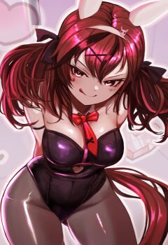 Rule 34 | 1girl, :q, animal ears, black leotard, black pantyhose, breasts, brown hair, clothing cutout, commentary request, cowboy shot, detached collar, facial mark, fake animal ears, hair between eyes, hair ornament, heart, heart cutout, heart in eye, highleg, highleg leotard, highres, horse girl, horse tail, hoshikuzu kizuna (kizuna stardust), leotard, long hair, looking at viewer, medium breasts, multicolored hair, necktie, nice nature (umamusume), pantyhose, pole, rabbit ears, rabbit hair ornament, rabbit hole (vocaloid), red necktie, revision, short necktie, solo, streaked hair, stripper pole, symbol in eye, tail, teardrop facial mark, tie clip, tongue, tongue out, two side up, umamusume, v-shaped eyebrows