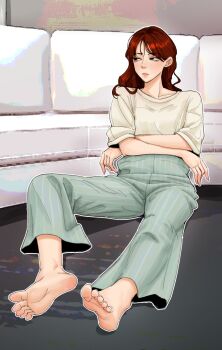 1girl barefoot black_eyes brown_hair crossed_arms emmi feet highres long_hair looking_to_the_side soles toes